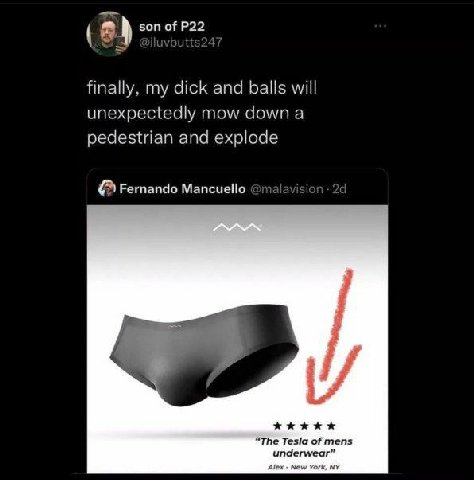 2 son of finally, my dick and balls will unexpectedly mow down a pedestrian and explode Fernando Mancuello “The Tesla of mens underwear”