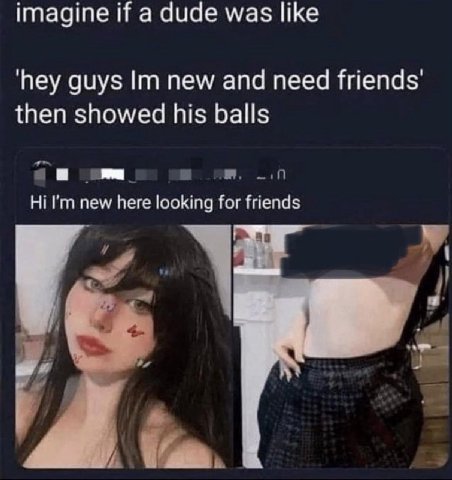 imagine if a dude was like ‘hey guys new and need then showed his balls new here looking for friends