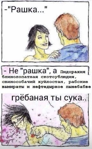 -"Рашка... AAS рашка а Пидорахия блинолопатная скотоублюдия, свинособачий хуйлостан, рабские вымираты и нефтедырное пынебабве ты сука.. 2 К