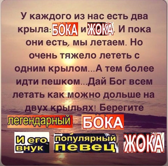 У каждого из нас есть два крыла: и} И пока они есть, мы летаем. Но очень тяжело лететь с одним крылом...А тем более идти пешком...Дай Бог все летать как можно дольше. Берегь внук KOKA
