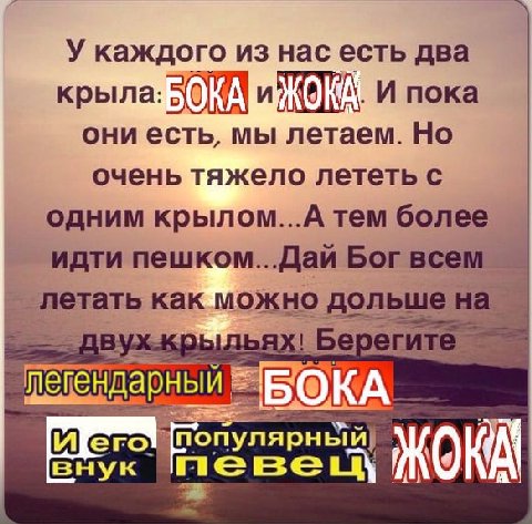 У каждого из нас есть два крыла: и} И пока они есть, мы летаем. Но очень тяжело лететь с одним крылом...А тем более идти пешком...Дай Бог все летать как можно дольше. Берегь внук KOKA