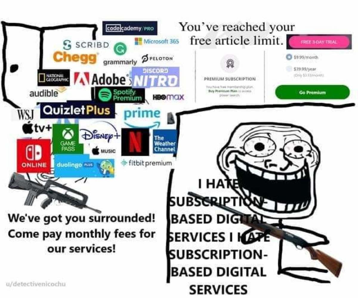 reached your $5 SCRIBD free article limit. Chegg Adobe audible QuizletPlus prime в GAME ONLINE fitbit premium НА We've got you surrounded! BASED Come pay monthly fees for our services! ERVICES UBSCRIP