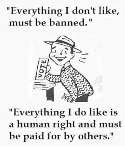 "Everything I don't like, must be banned." "Everything I like is a human right and must be paid for others."