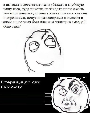 авы тоже в детстве мечтали убежать в глу бокую чащу леса, куда никогда не заходят жить Там отшельником до конца жизни питаясь жуками и корешками, попутно разговаривая с голосом в голове и постигая бог