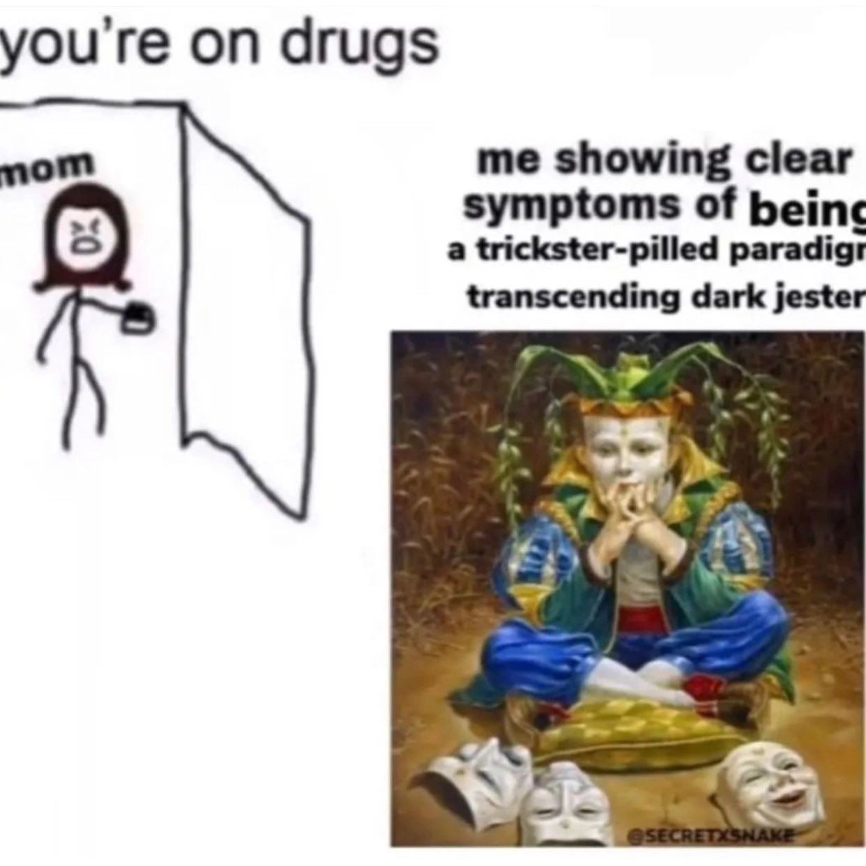 you're drugs me showing clear symptoms of a trickster-pilled paradigt transcending dark jester my 22
