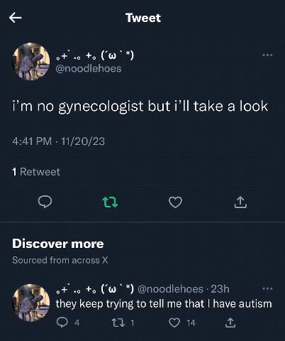 Tweet to @noodlehoes no gynecologist but i’ll take a look 4:41 11/20/23 1 Retweet Discover more Sourced from across to @noodlehoes they keep trying to tell me that have autism 1 14