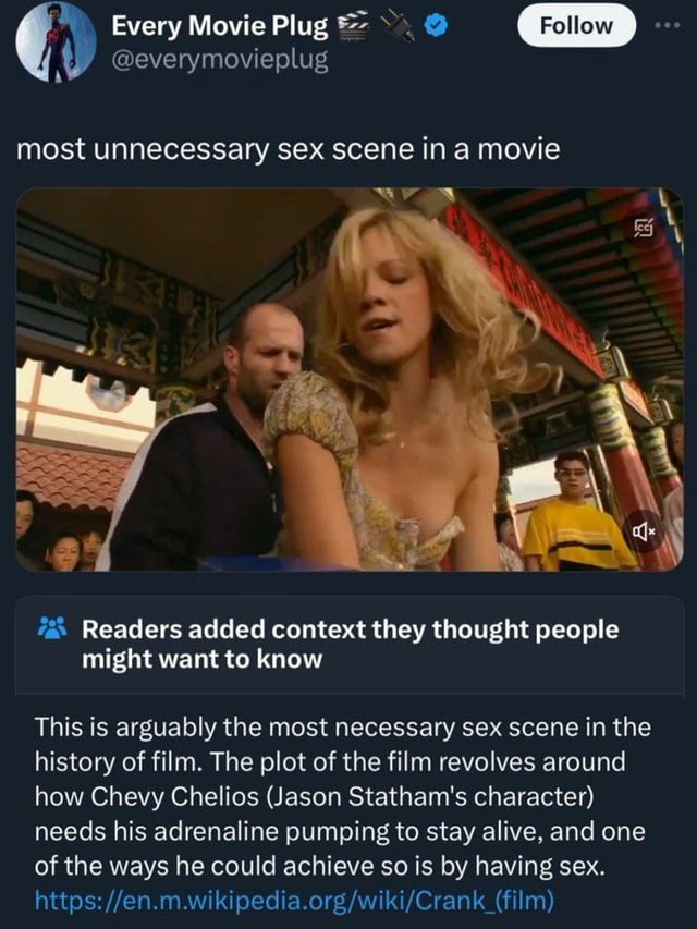 с Every Movie Plug most unnecessary sex scene ina movie Readers added context they thought people might want to know This is arguably the most necessary sex scene in the history of film. The plot of t