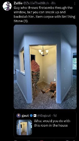 Zullie Guy who throws firebombs through the window, but you can sneak up and backstab him. Item corpse with Smithing Stone (3). Я He gaut What would you with this room in the house
