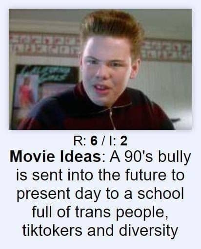 К: Movie Ideas: А bully is sent into the future to present day to a school full of trans people tiktokers and diversity