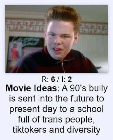 К: Movie Ideas: А bully is sent into the future to present day to a school full of trans people tiktokers and diversity