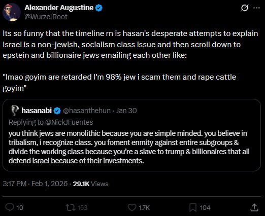Alexander Augustine у Its so funny that the timeline is desperate attempts to explain Israelis a non-jewish, socialism class issue and then scroll down to epstein and billionaire jews emailing each ot