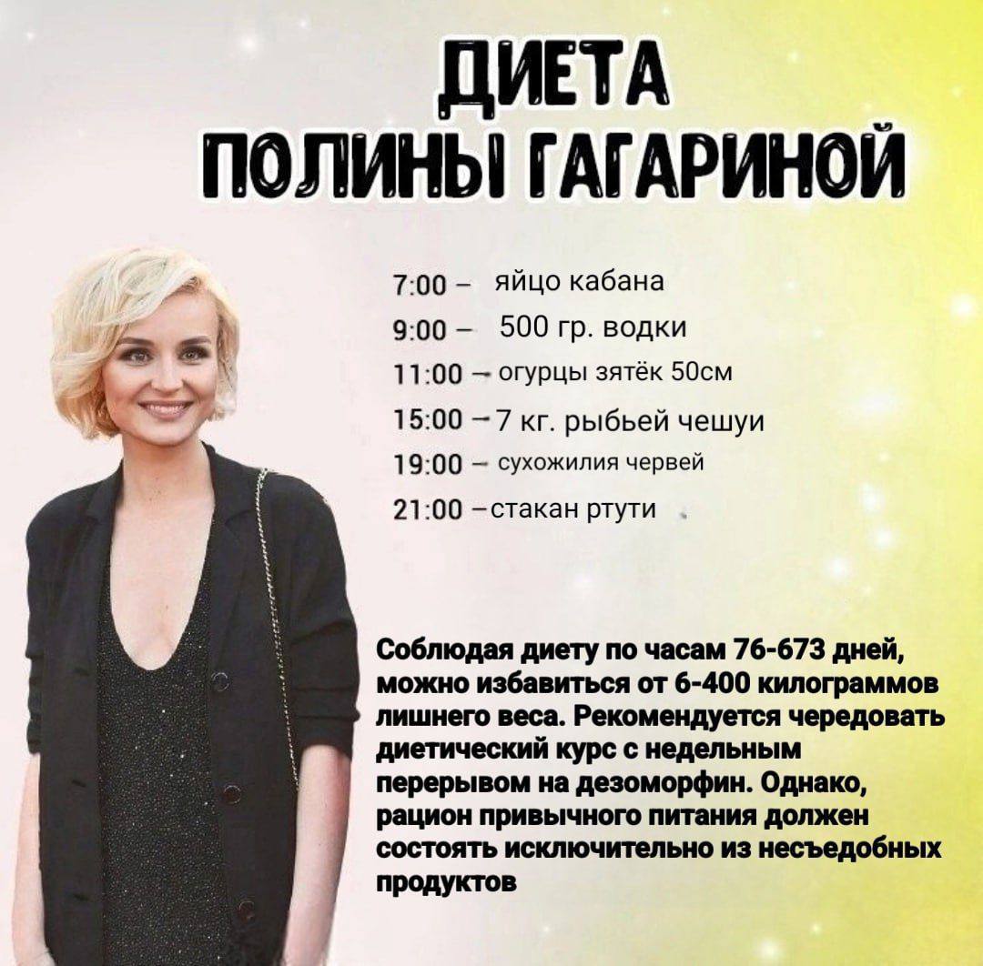 ДИЕТА ПОЛИНЫ ГАГАРИНОЙ 7:00 яйцо кабана 9:00 500 водки 11:00 огурцы зятёк 15:00 —7 рыбьей чешуи 19:00 сухожилия червей 21:00 —cTakaH ртути Соблюдая диету по часам 76-673 дней, можно избавиться от 6-40