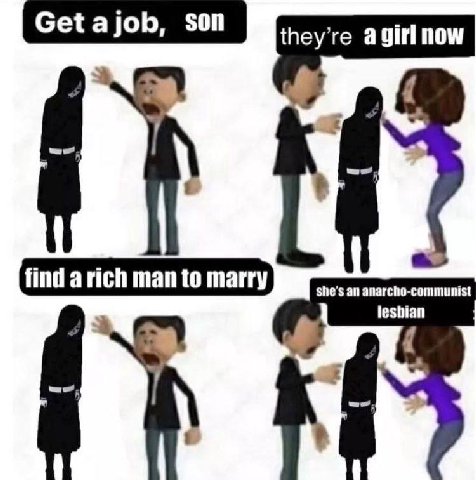son Geta they’re agirl now ‘find man to marry, arich man to marry she's an anarcho-communist lesbian