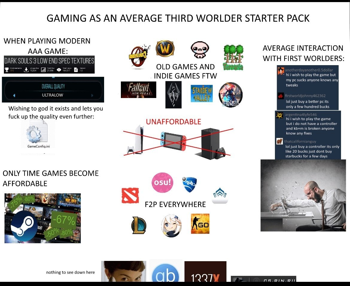 GAMING AS AN AVERAGE THIRD WORLDER STARTER PACK WHEN PLAYING MODERN AVERAGE INTERACTION AAA GAME SPEC URE WITH FIRST INDIE GAMES FTW the but турс tweak: anyone knows any Wishing to god it exists and l