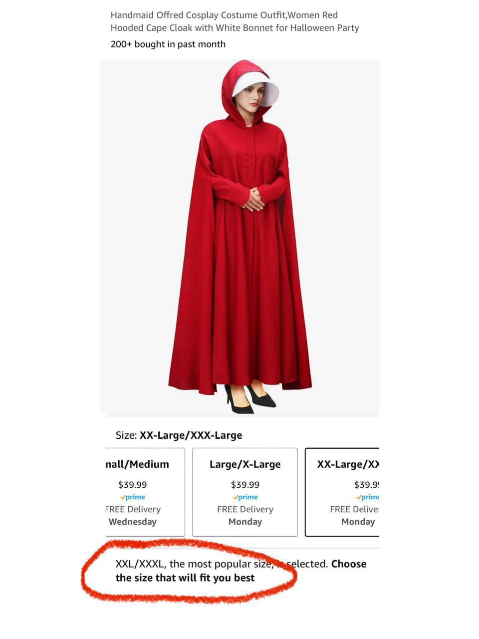 Handmaid Offred Cosplay Costume Outfit, Women Red Hooded Cape Cloak with White Bonnet for Halloween Party 200+ bought in past month Size: XX-Large/XXX-Large nall/Medium Large/X-Large $39.99 $39.99 pri