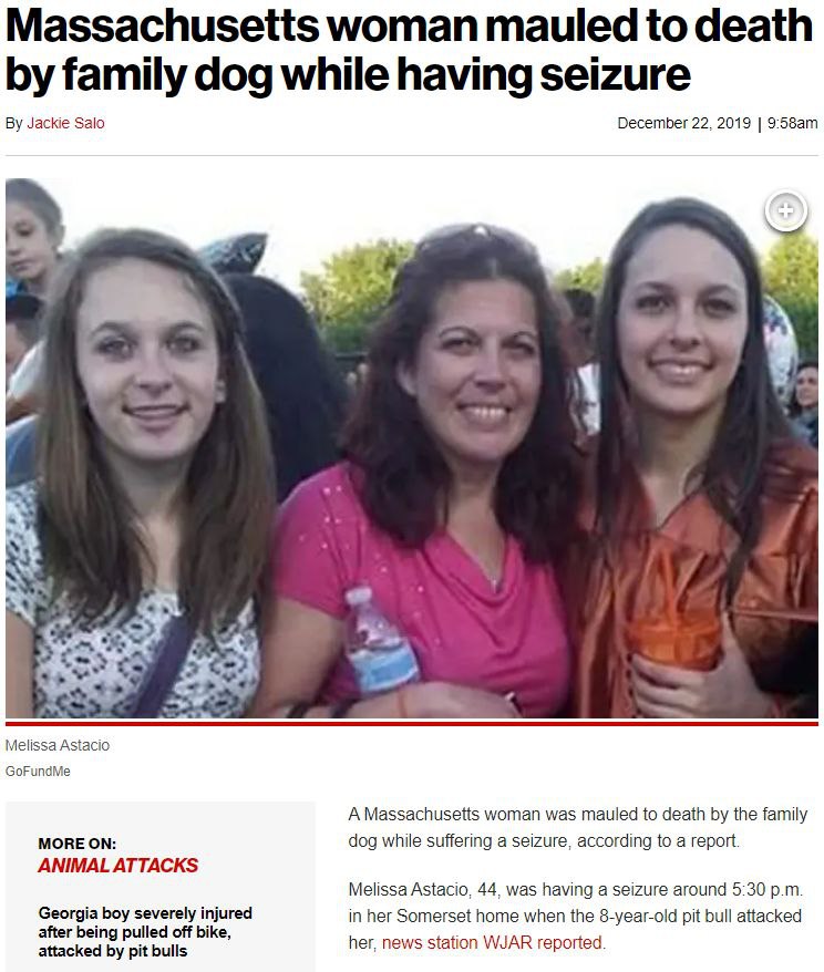 Massachusetts woman mauled to death family dog while having seizure Jackie Salo December 22, 2019 Melissa Astacio GoFundMe A Massachusetts woman was mauled to death the family MORE ON: dog while suffe