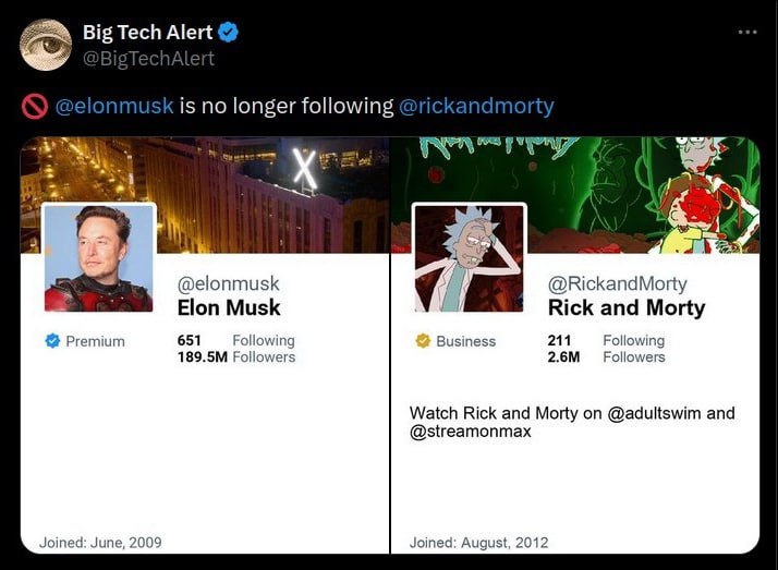 Big Tech Alert is no longer following @elonmusk @RickandMorty Elon Musk Rick and Morty Premium 651 Following Business 211 Following Followers Watch Rick and Morty on @adultswim and @streamonmax Joined