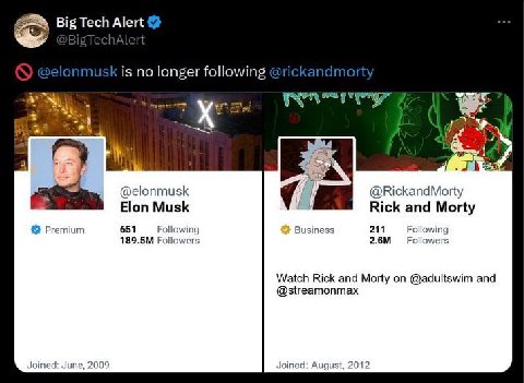 Big Tech Alert is no longer following @elonmusk @RickandMorty Elon Musk Rick and Morty Premium 651 Following Business 211 Following Followers Watch Rick and Morty on @adultswim and @streamonmax Joined