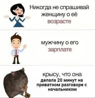Никогда не спрашивай женщину о её возрасте мужчину о его зарплате крысу, что она делала 20 минут на приватном разговоре с начальником