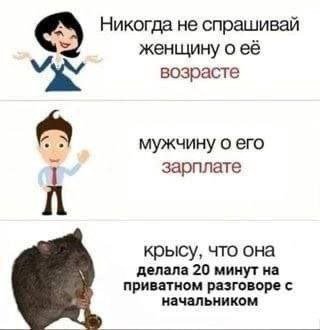 Никогда не спрашивай женщину о её возрасте мужчину о его зарплате крысу, что она делала 20 минут на приватном разговоре с начальником