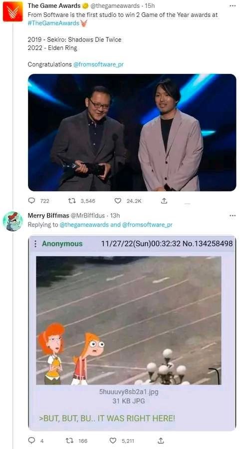 The Game Awards From Software is the first studio to win 2 Game of the Year awards at jameAwards 2019 Sekiro: Shadows Die Twice 2022 Elden Ring Congratulations @fromsof О 722 3,5 Merry Biffmas Replyin