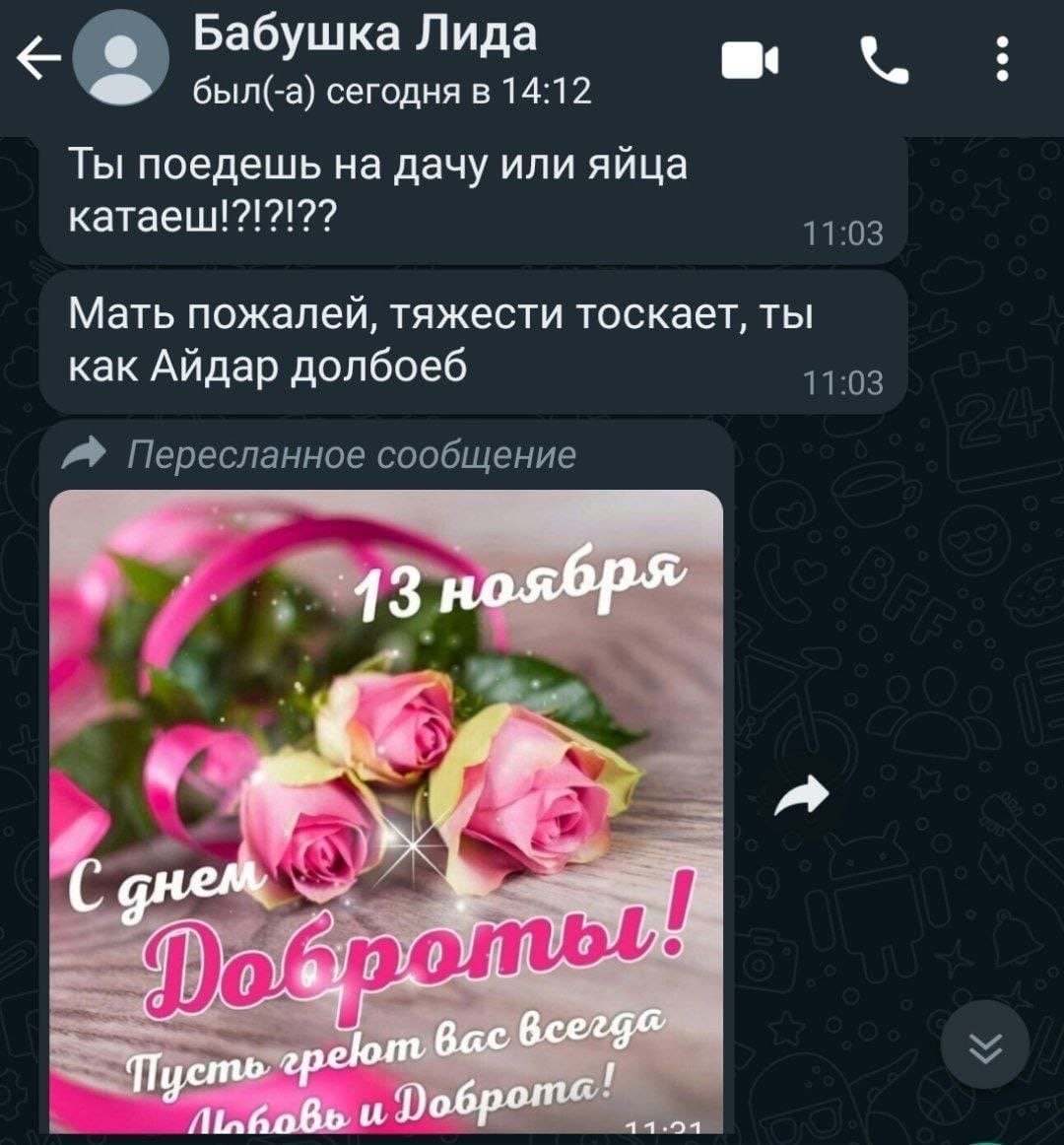 Бабушка Лида 5 у в был(-а) сегодня в 14:12 Ты поедешь на дачу или яйца 11:03 Мать пожалей, тяжести тоскает, ты как Айдар долбоеб 11:03 Пересланное сообщение Tye a AN)
