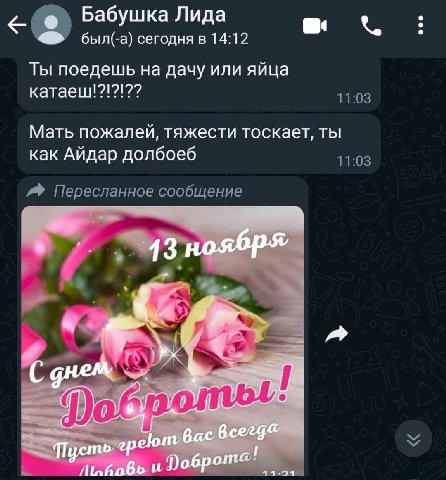 Бабушка Лида 5 у в был(-а) сегодня в 14:12 Ты поедешь на дачу или яйца 11:03 Мать пожалей, тяжести тоскает, ты как Айдар долбоеб 11:03 Пересланное сообщение Tye a AN)