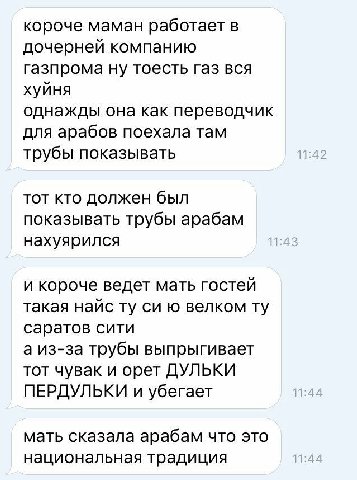 короче маман работает в дочерней компанию газпрома ну тоесть газ вся хуйня однажды она как переводчик для арабов поехала там трубы показывать 11:42 тот кто должен был показывать трубы арабам нахуярилс
