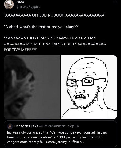 kalos "АААААААААА ОН GOD ААААААААААААААА" "C-chad, what's the matter, are you оКау??" "АААААААА JUST IMAGINED MYSELF AS HAITIAN АААААААА MITTENS SO SORRY ААААААААААА FORGIVE МЕЕЕЕЕ" Finnegans Take Inc