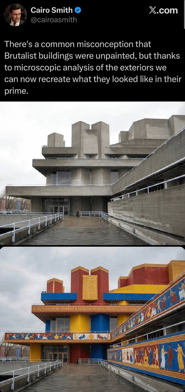 4 Cairo Smith Х.сот There's acommon misconception that Brutalist buildings were unpainted, but thanks to microscopic analysis of the exteriors we can now recreate what they looked like in their prime.