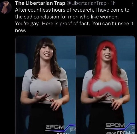 The Libertarian Тгар After countless hours of research, have come to the sad conclusion for men who like women. You're gay. Here is proof of fact. You can't unsee it now. 4