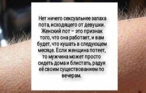 Нет ничего сексуальнее запаха пота, исходящего от девушки. Женский пот это признак того, что она работает, и вам будет, что кушать в следующем месяце. Если женщина потеет, TO мужчина может просто сиде