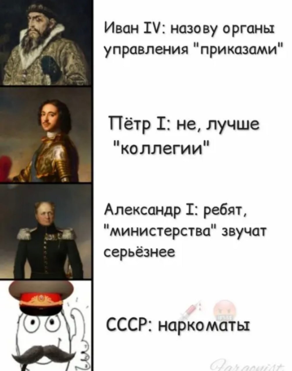 Иван назову органы управления "приказами" Пётр не, лучше "коллегии" Александр ребят, "министерства" звучат серьёзнее СССР: наркоматы