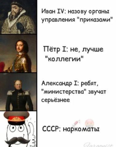 Иван назову органы управления "приказами" Пётр не, лучше "коллегии" Александр ребят, "министерства" звучат серьёзнее СССР: наркоматы