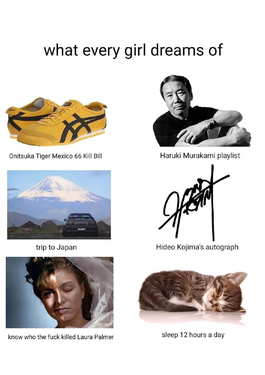 what every girl dreams of Onitsuka Tiger Mexico 66 Kill Bill Haruki Murakami playlist trip to Japan Hideo Kojima's autograph know who the fuck killed Laura Palmer sleep 12 hours a day