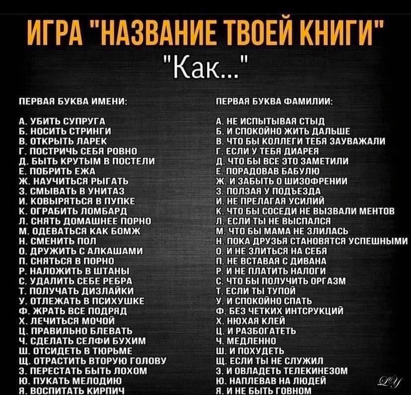 ИГРА “HAS АНИЕТ КНИГИ" "Как..." ПЕРВАЯ БУКВА ИМЕНИ: ПЕРВАЯ БУКВА ФАМИЛИИ: А. УБИТЬ СУПРУГА А. НЕ ИСПЫТЫВАЯ СТЫД Б. НОСИТЬ СТРИНГИ Б. И СПОКОЙНО ЖИТЬ ДАЛЬШЕ В. ОТКРЫТЬ ЛАРЕК В. ЧТО БЫ КОЛЛЕГИ ТЕБЯ ЗАУВ