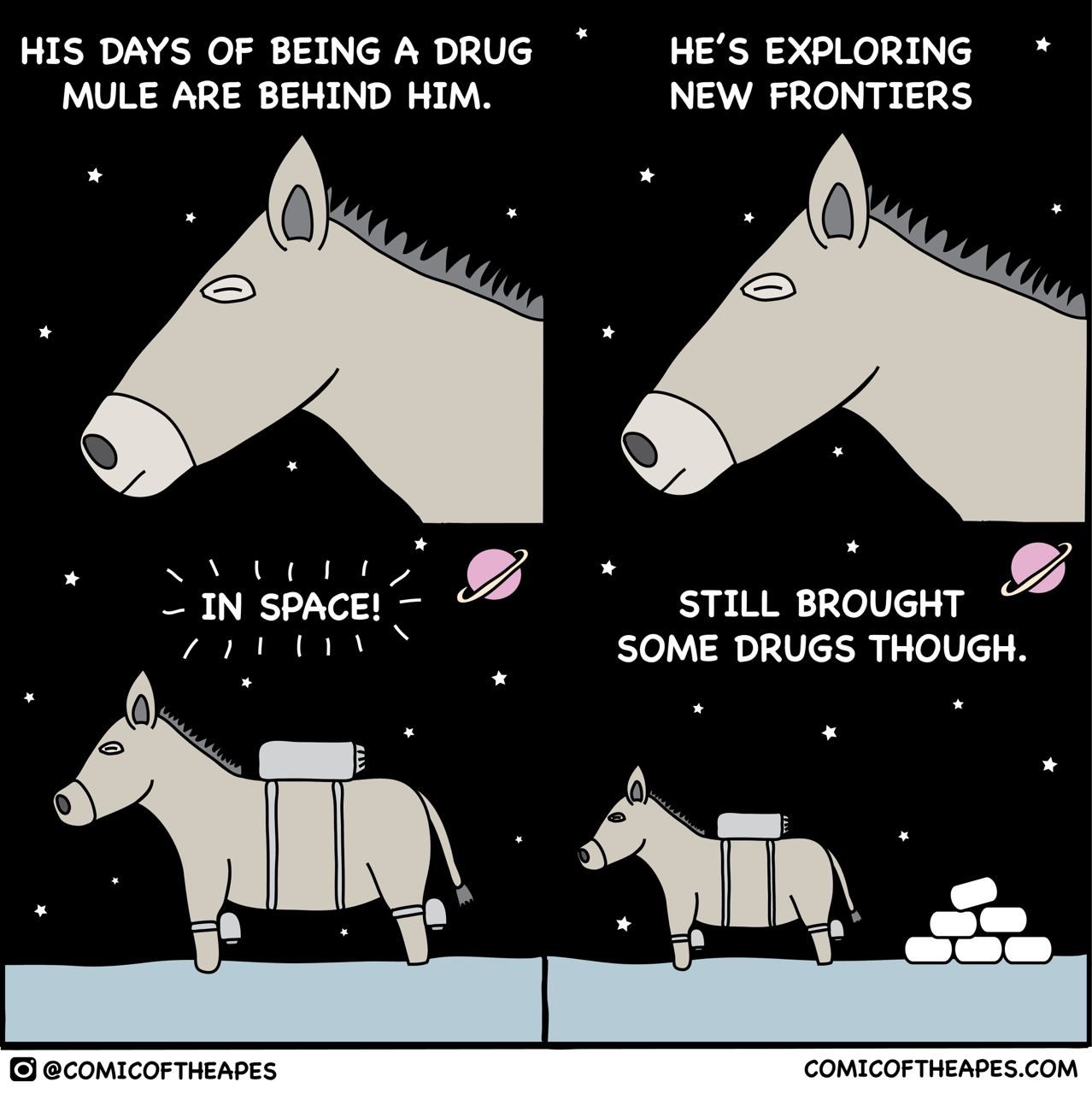 HIS DAYS OF BEING A DRUG EXPLORING MULE ARE BEHIND HIM. NEW FRONTIERS STILL BROUGHT IN SPACE! SOME DRUGS THOUGH. ane @COMICOFTHEAPES СОМТСОЕТНЕАРЕ$. СОМ