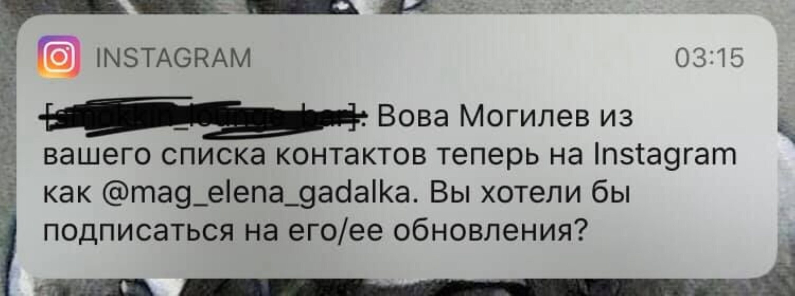 INSTAGRAM 03:15 Вова Могилев из вашего списка контактов теперь Instagram как @mag_elena_gadalka. Вы хотели бы подписаться на его/ее обновления?