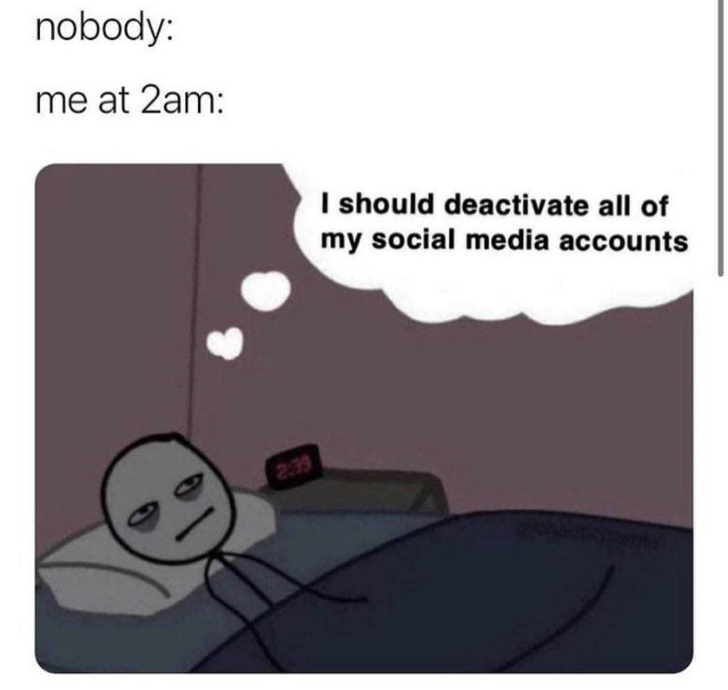 nobody: me at should deactivate all of my social media accounts