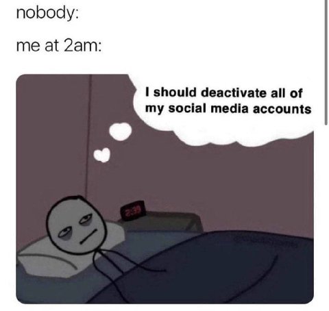 nobody: me at should deactivate all of my social media accounts
