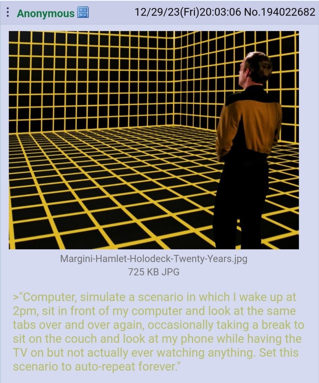 Anonymous 12/29/23(Fri)20:03:06 No.194022682 SSS Margini-Hamlet-Holodeck-Twenty-Years.jpg 725 JPG