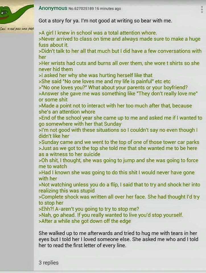 Anonymous minutes ago Got a story for not good at writing so bear with me. пад >A girl knew total attention whore. >Never arrived to time and always made sure to make a huge fuss about it. her all tha