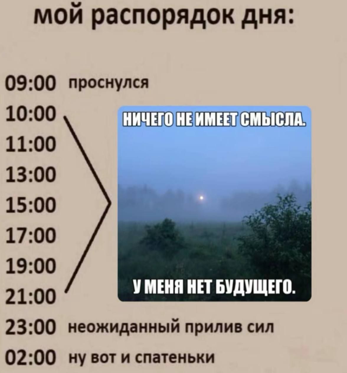 мой распорядок дня: 09:00 проснулся 10:00 НИЧЕГО 11:00 13:00 15:00 17:00 19:00 21:00 УМЕНЯ НЕТ БУДУЩЕГО. 23:00 неожиданный прилив сил 02:00 и спатеньки