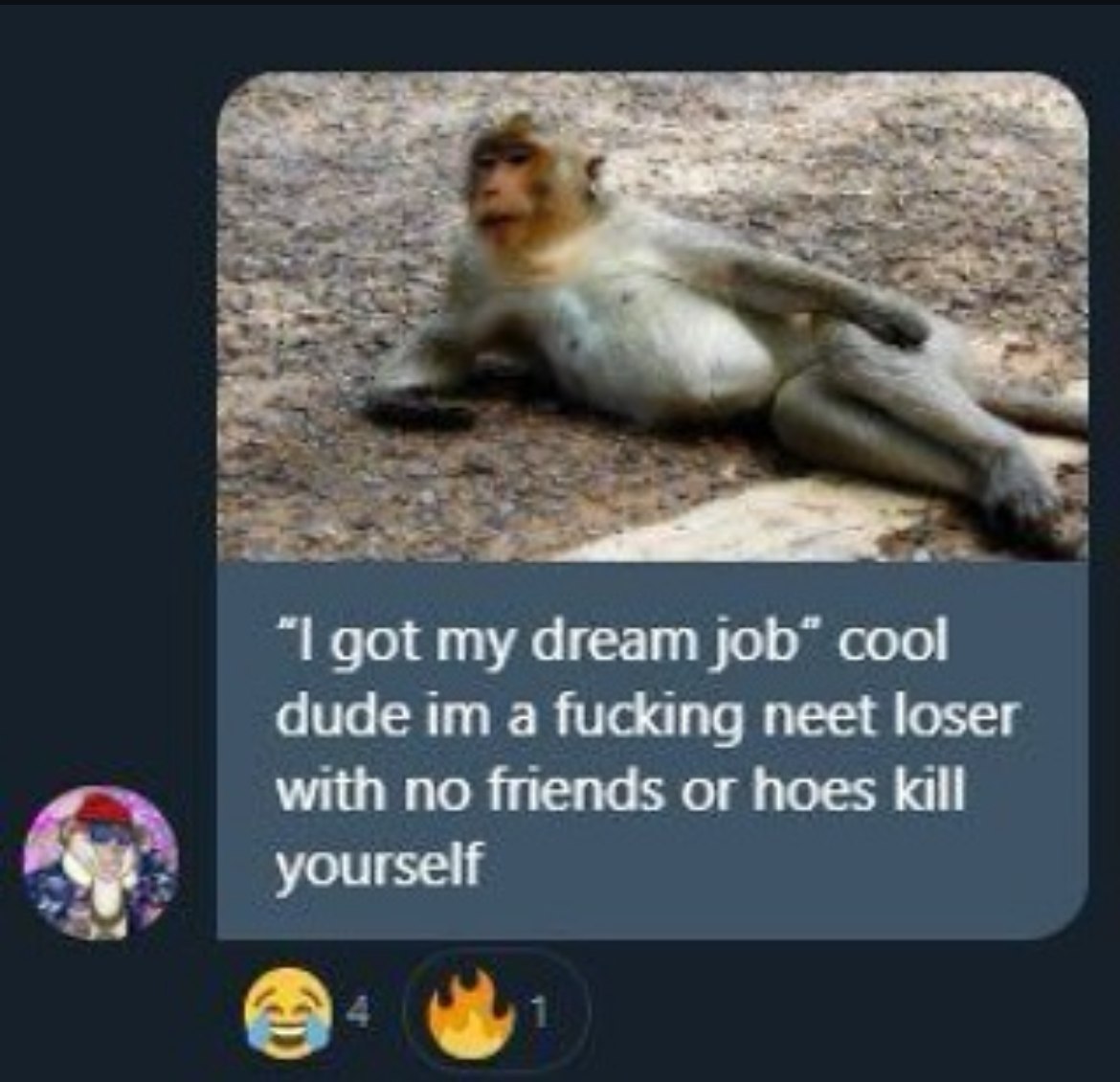 got my dream job” cool dude a fucking neet loser with no friends or hoes kill yourself