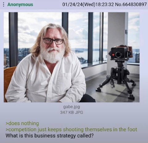 Anonymous No.664830897 gabe.jpg 347 JPG >does nothing >competition just keeps shooting themselves in the foot What is this business strategy called?