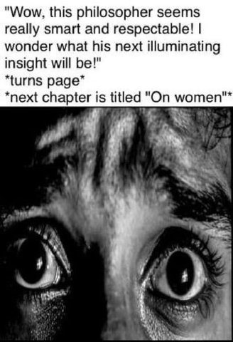 "Wow, this philosopher seems really smart and respectable! wonder what his next illuminating insight will be!" “turns *next chapter is titled "On women"*