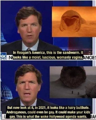 Reagan's this the sandworm. It luoks like а moist. luscious, womanly уауша. и But now look at itn 2021, tke а Пану butthole. Androgynous. could even be gay. it could make your kids gay. This 15 what t