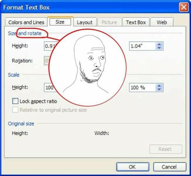 Format Text Вох К Colors and Lines Size TextBox Web rotate) Height: Rotation: [о Scale [100% Height: 100% Lock aspect ratio Original size Height: Width: