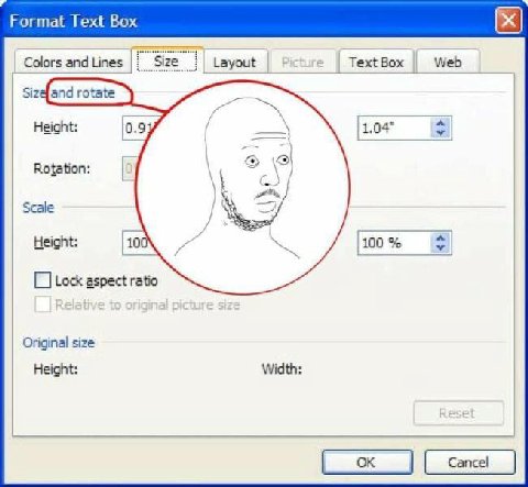 Format Text Вох К Colors and Lines Size TextBox Web rotate) Height: Rotation: [о Scale [100% Height: 100% Lock aspect ratio Original size Height: Width: