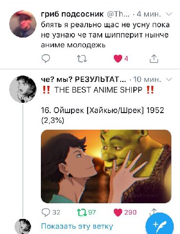 гриб подсосник 4 мин. блять я реально щас не усну пока не узнаю че там шипперит нынче аниме молодежь че? мы? РЕЗУЛЬТАТ... мин. THE BEST ANIME $НРР 11 16. Ойшрек [Хайкью/Шрек] 1952 (2,3%) a 32 290 Пока